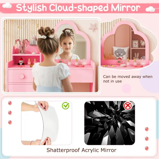 Kids Vanity Set, Cloud Shape Mirror, Storage and Pine Wood Stool Pink {4}