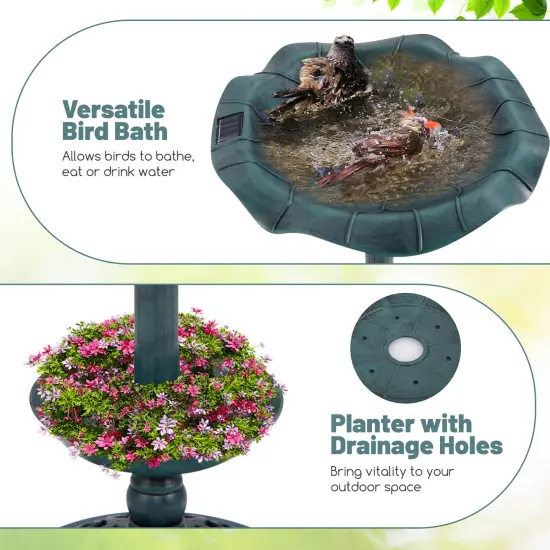 Solar Bird Bath with Lotus Leaf Bowl, Planter and Weatherproof Lamp Green {6}