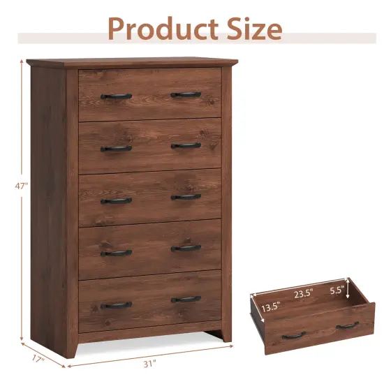 Tall Storage Dresser with 5 Slide Out Drawers and Smooth Metal Slide Rail Perfect for Any Room Walnut {5}