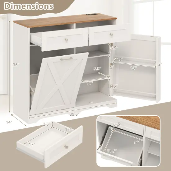 Tilt Out Wooden Trash Can Cabinet with 3 Position Adjustable Shelf and Power Outlets White {5}