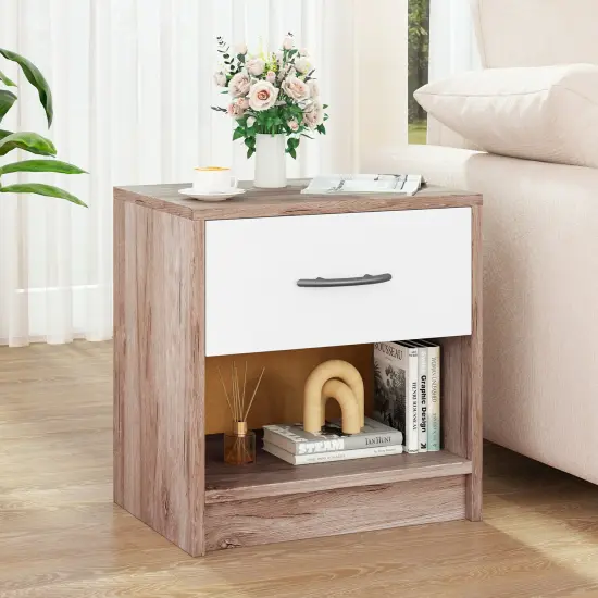 Nightstand with Drawer, Open Shelf, Modern Design and Sturdy Structure Oak {2}