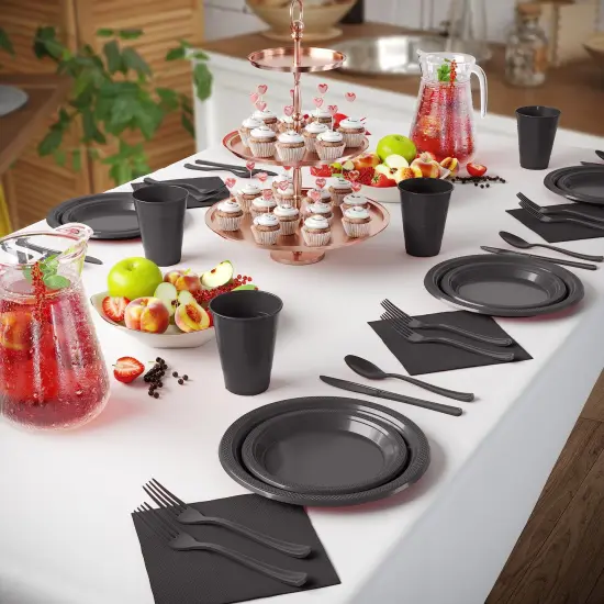 Exquisite 350 Pcs Plastic Plates for Party &ndash; Disposable Plates Set &ndash; 50 Each of 9" Dinner Plates, 7" Dessert Plates, Plastic Cups, Napkins & Plastic Cutlery &ndash; Plastic Dinnerware by Party Solids Black {4}