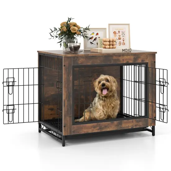 Rustic Brown MDF Metal Dog Crate Furniture with Dual Lockable Doors and Pull-Out Tray {4}