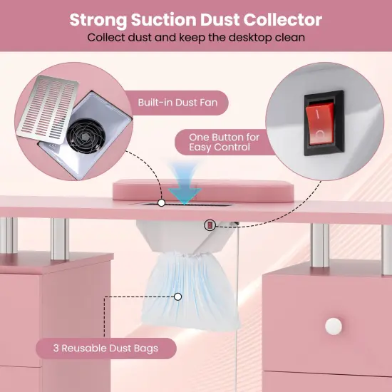 Manicure Table with Dust Collector, Storage and Wrist Rest Cushion Pink {6}