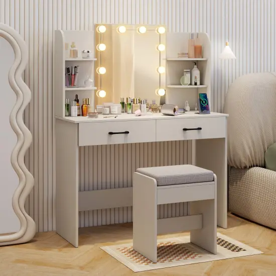 Vanity Set with Lighted Mirror and Stool for Easy Storage and Charging White {2}