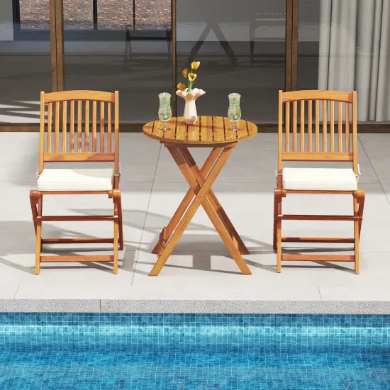 Set of 2 Armless Outdoor Folding Chairs with Seat Cushions and Slatted Backrest Beige {3}