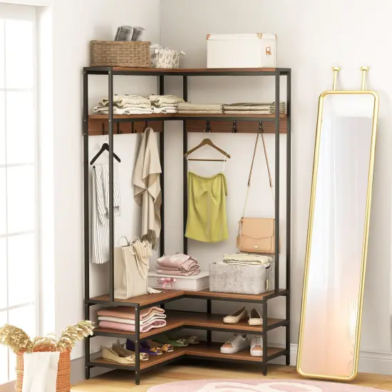 Multi-purpose Coat Rack with Open Shelves & Metal Hooks for Storage Walnut {5}
