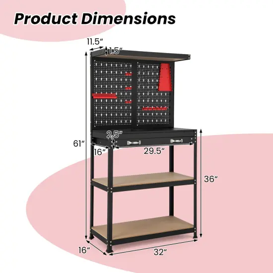 Freestanding Tool Storage Workbench with Pegboard with 14 Hanging Accessories and 2 Drawers Black and Red {5}