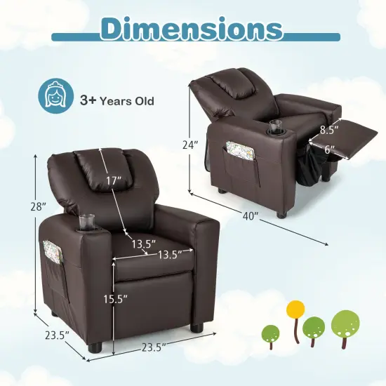 Sponge PU Wood PP Kids Recliner Chair with Adjustable Backrest, Footrest and Firm Cushion Brown {4}