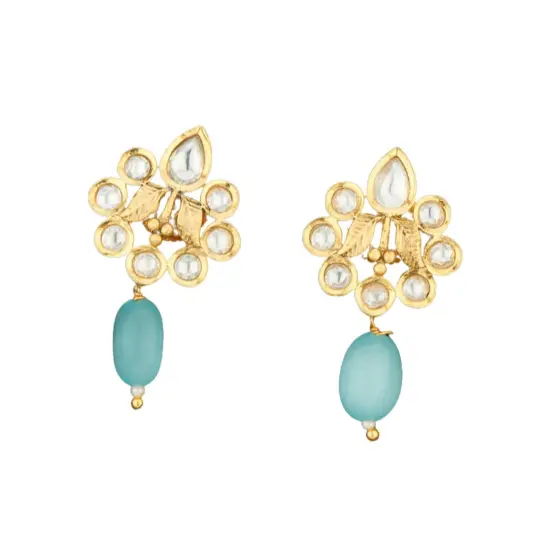 Indian Kundan Small Earrings for Women - Indian Traditional Small Jhumka Chandbali Kundan Stud Earrings in Gold & White Tone Bollywood Style Small Dangle Earrings for Women Bridal Jewellery Aqua {1}