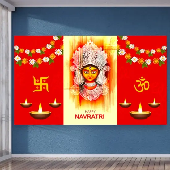 Happy Navratri Banner Indian Traditional Backdrop Cloth 5x8 Feet Indian Navratri Decor Pooja Wall Decor Indian Wall Art Photo Decor Banner Decorative Pooja Cloth Navratri Celebration {5}