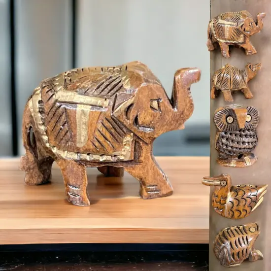 Set of 5 Wooden Animal Handmade Showpiece, Elephant, Duck, Owl, Frog & Camel {3}
