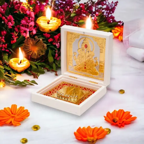 Gold Plated Ganesha Photo Frame with Charan Paduka for Diwali Housewarming Indian Wedding Return Gift Worship Pooja Room Decor Hindu Religious Devotional Paduka Prayer Box Good Luck Gift {1}