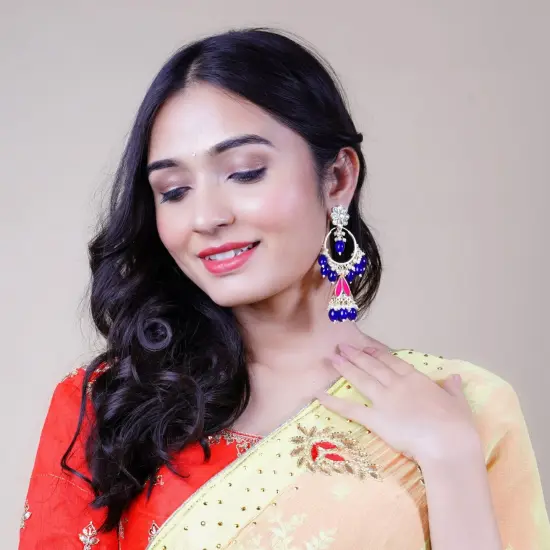 Indian Jhumka Earrings for Women - Large Kundan Faux Pearls Drop Chanbali Earrings Floral Indian Jhumki Ethnic Beaded Bollywood Style Dangle Earrings Jewelry for Bride Birthday Gift for Her BLACKMAROON {3}