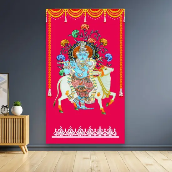 Krishna with Cow Backdrop Indian Traditional Rani Cloth 5x8 Feet Backdrop Pooja Wall Decor Indian Wall Art Photo Decor Banner Indian Wedding Favor Decorative Cloth {5}