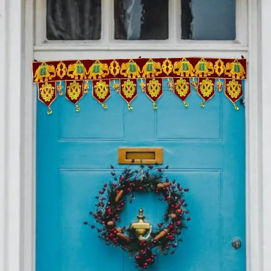 Indian Fabric Door Toran 36 Inch Bhandarwal Hanging Valance Elephant Velvet Traditional Wall Decorative for Window Home Temple Decor Wedding Diwali Navratri Puja Housewarming Decorations {4}