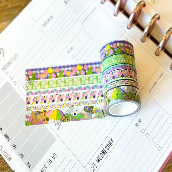 Spring Tulips Umbrellas Cute Pastel Pink Teal Yellow Washi Tape Set May 2025 - W131 {5}