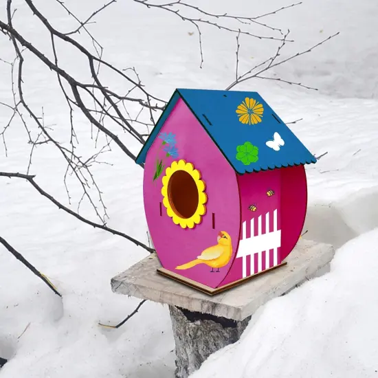 4-Pack DIY Bird House Kit &ndash; Wooden Build & Paint Craft Toy for Kids with Paints & Brushes {3}