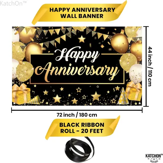 Extra Large Black & Gold Happy Anniversary Banner - 72x44 Inch Backdrop {2}