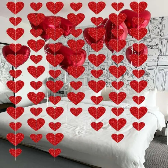 8 Pack Red Glitter Heart Garland Banners Heart Decorations Anniversary {5}