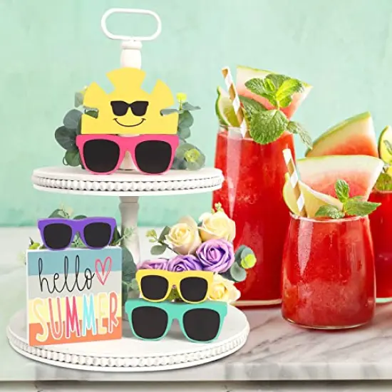 Summer Decor - 6 PCS Rustic Summer Tiered Tray Decor - Hello Summer Sunglasses Sunshine Wood Decorations - Luau Party Decorations {4}