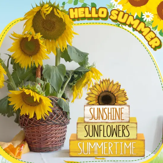 4 Pcs Summer Wooden Tiered Tray Decor Farmhouse Rustic Table Decor Books Stack Block Signs for Table & Home Office Decorations(Sunflower Style) {5}