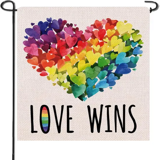 Gay Pride Love Wins Rainbow Small Decorative Garden Flag, LGBTQ Hearts Yard Lawn Outside Pride Month Decor, Lesbian Bisexual Pansexual Burlap Outdoor Home Decoration Double Sided 12 x 18 {1}