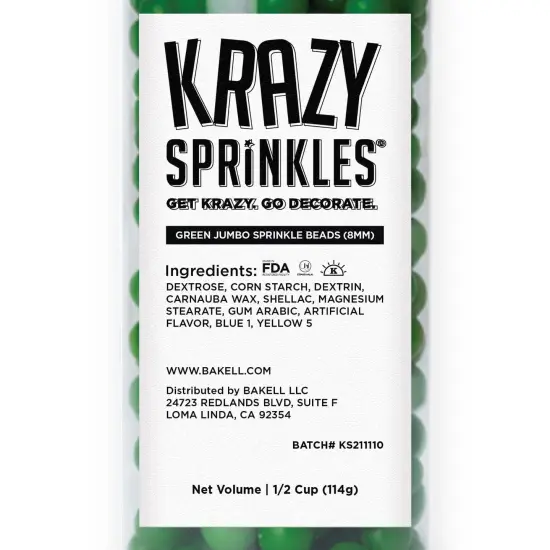 Krazy Sprinkles - Green 8mm Beads (1/2 Cup, 1x Jar) for Cakes, Ice Cream & Cookies {5}