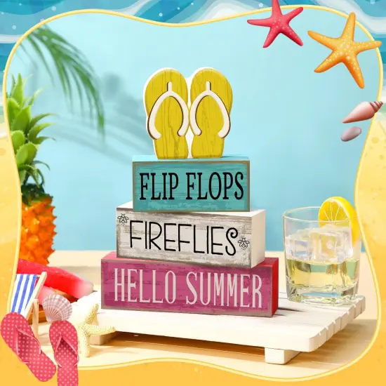 4 Pcs Summer Table Decorations Wooden Sign Flip Flops Table Centerpiece Summer Tiered Tray Decor Decorative Faux Book Stack Block for Coffee Fireplace Mantel Floating Shelf Hawaii {3}