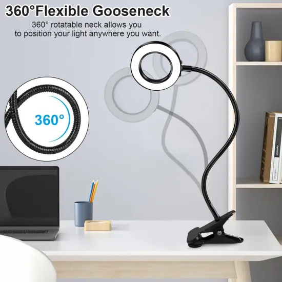 2 Pack LED Clip on Lamp Book Light for Kids Reading in Bed, 3 Color Modes with 10 Levels Brightness Flexible Gooseneck Clamp for Bed Headboard Video, Craft, Make up, Study {5}