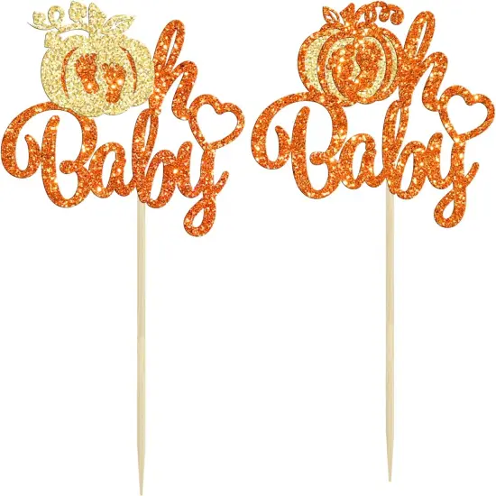 24Pcs Pumpkin Oh Baby Cupcake Toppers Glitter Pumpkin Themed {2}
