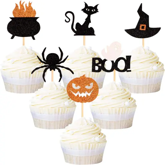 36 Pack Halloween Cupcake Toppers Witch Hat Spider Pumpkin {1}