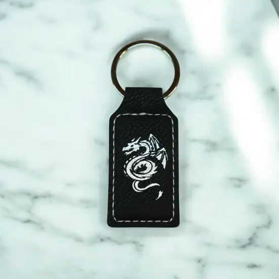 Keychain - Rectangle - Flying Dragon - Leather Black/Silver {4}