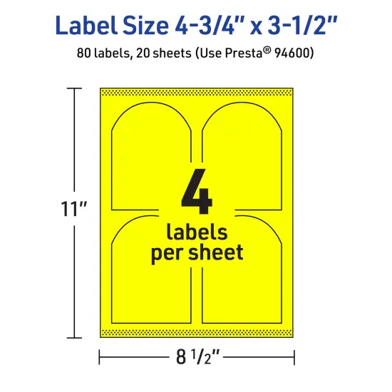 Avery Neon Yellow Paper Labels, 4.75" x 3.5" Arched {5}