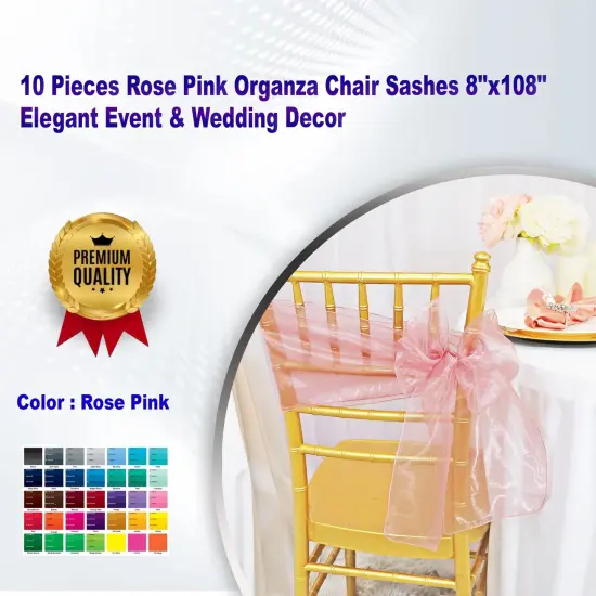 10 Pieces Rose Pink Organza Chair Sashes 8"x108" Elegant Event & Wedding Decor {1}