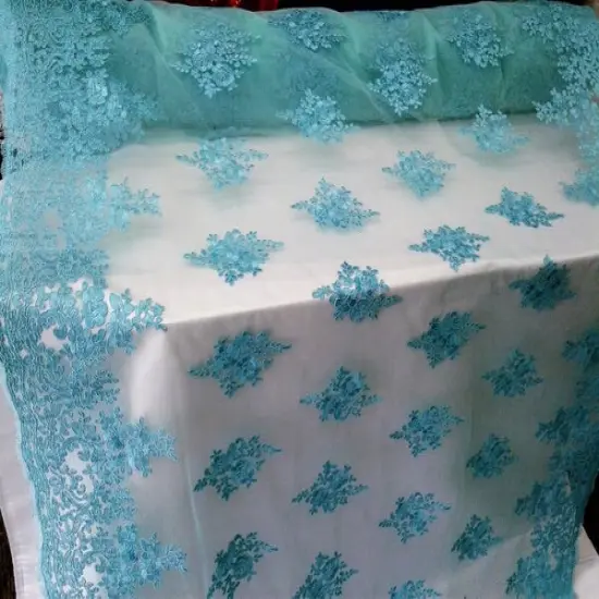 1 Yard Aqua French Floral Mesh Lace Fabric Corded Scallop Bridal Dress 54 Inches Wide {1}