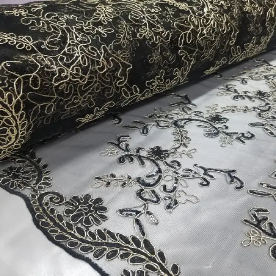 1 Yard Black Champagne Metallic Flowers Sequins Mesh Lace Fabric for Tablecloths and Costumes {3}