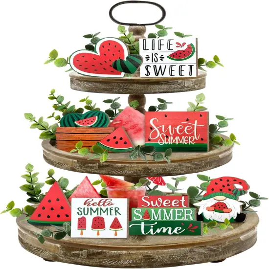 Summer Tiered Tabletop Decor, Farmhouse Watermelon Tray Decorations, Hello Summer Sweet Watermelon Gnome Wooden Signs, Rustic Summer Home Decor for Table Mantel Office Holiday Party {1}