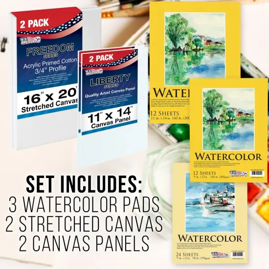 U.S. Art Supply 70-Piece Artist Watercolor Painting Set with Aluminum Field Easel, Wood Table Easel, 60 Watercolor Paint Colors, 34 Brushes 2 Canvases {6}