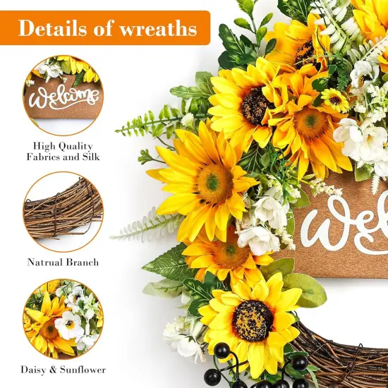 15&ldquo; Sunflower Summer Floral Wreath for Front Door with Welcome Sign,Sunflower Daisy Yellow Summer Wreath for Door Wall Front Porch Home Decoration Outdoor {3}