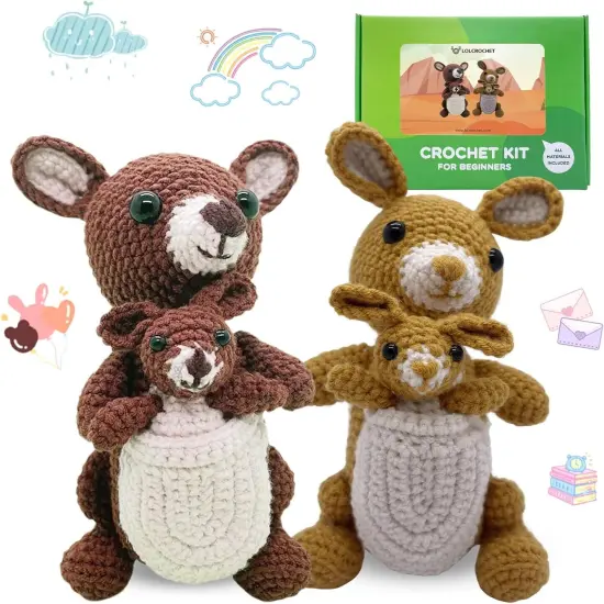 Couple Kangaroos Crochet Kit for Beginners, 2 Pcs Animals Amigurumi Starter Kit {1}