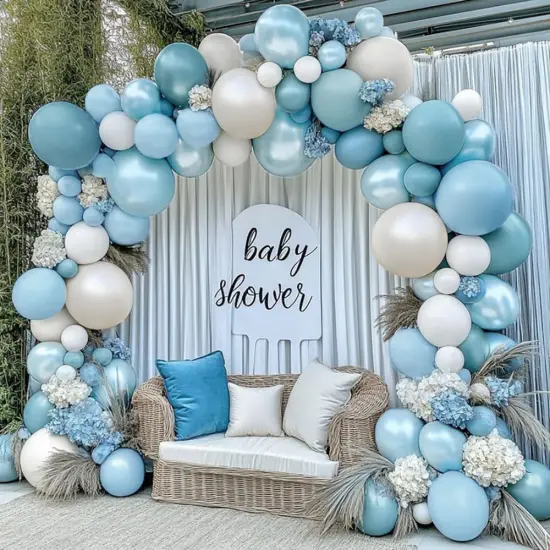 Pastel Blue White Balloon Arch Kit Double Stuffed Dusty Light Blue White Cream Balloon Garland for Baby Shower Birthday Wedding Boho Winter Party Decoration {1}