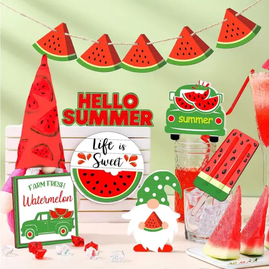 11 Pieces Summer Hawaii Tabletop Decor Set Summer Wood Sign Beach Sunshine Tiered Tray Decorations for Beach Home Table Shelf(Watermelon Style) {5}