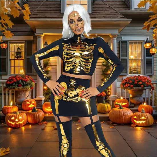2 Pieces Golden Skeleton Costume for Halloween Graveyard and Theme Party Nights {5}