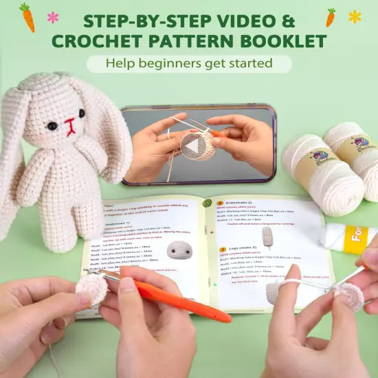 Crochet Kit for Beginners, Crochet Starter Kit w Step-by-Step Video Tutorials, Beginner Crochet Kit Knitting Supplies for Adults Kids, Crochet Bunny(40%+ Yarn) {5}