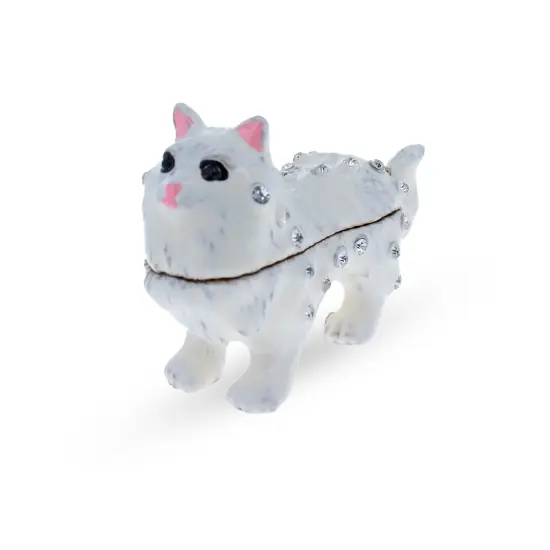White Cat with Crystals Trinket Box Figurine {1}