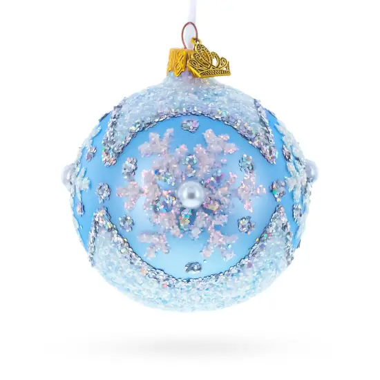 Sparkling Blue Snowflake and Pearl Glass Ball Ornament 3.25 Inches {1}