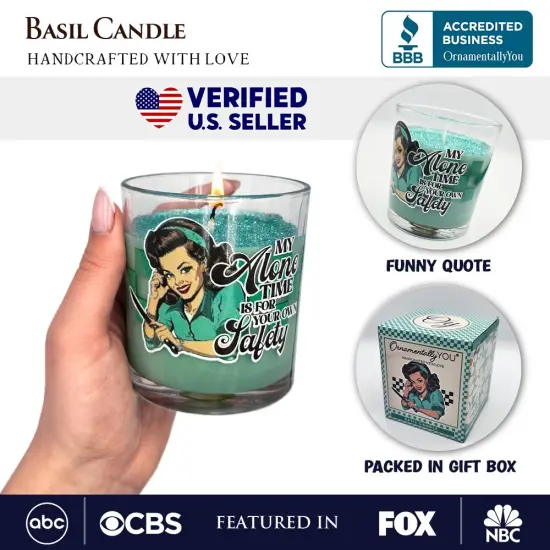 Sassy Retro Girl Dazzling Green Candle, Basil Scented Brunette Girl Funny Gift {3}