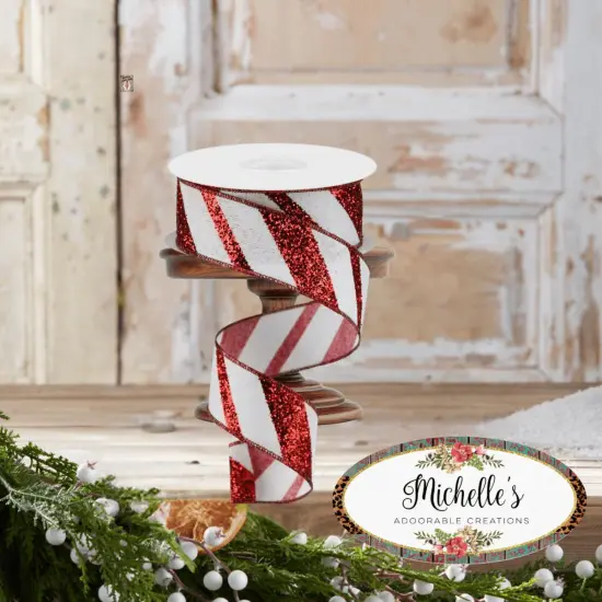 1.5" Diagonal Glitter on Royal Ribbon: Red (10 Yards) {2}