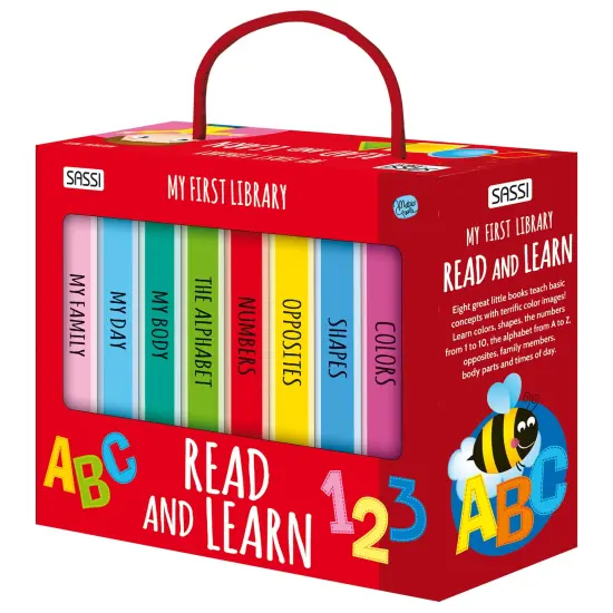 Sassi: My First Library - Read & Learn - 8 Cardboard Mini-Book Set, ABC's-Numbers-Body-Shapes-Colors-Family-Time, Portable Box, Kids-Toddlers Ages 2+ {1}